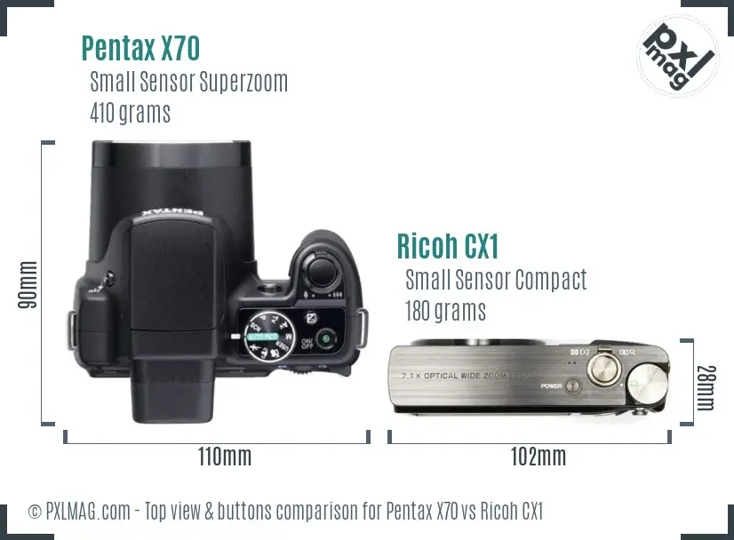 Pentax X70 vs Ricoh CX1 top view buttons comparison
