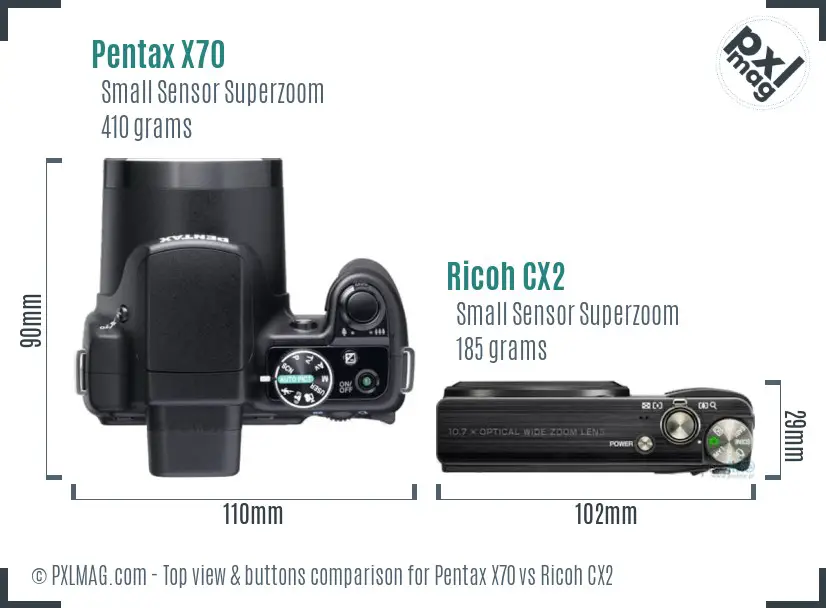 Pentax X70 vs Ricoh CX2 top view buttons comparison