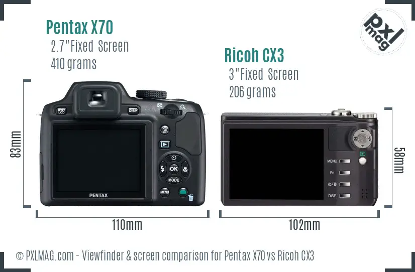 Pentax X70 vs Ricoh CX3 Screen and Viewfinder comparison