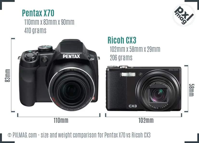 Pentax X70 vs Ricoh CX3 size comparison