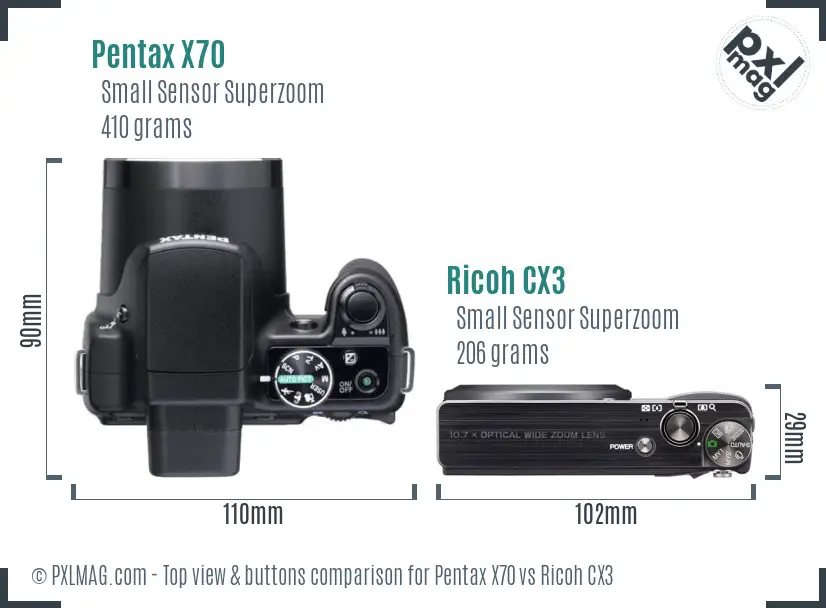 Pentax X70 vs Ricoh CX3 top view buttons comparison