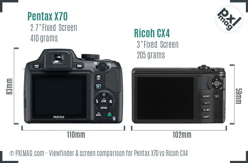 Pentax X70 vs Ricoh CX4 Screen and Viewfinder comparison