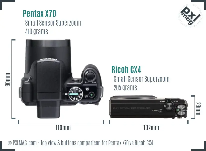Pentax X70 vs Ricoh CX4 top view buttons comparison