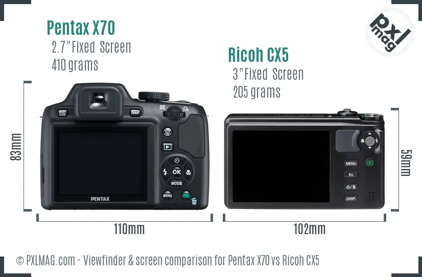 Pentax X70 vs Ricoh CX5 Screen and Viewfinder comparison