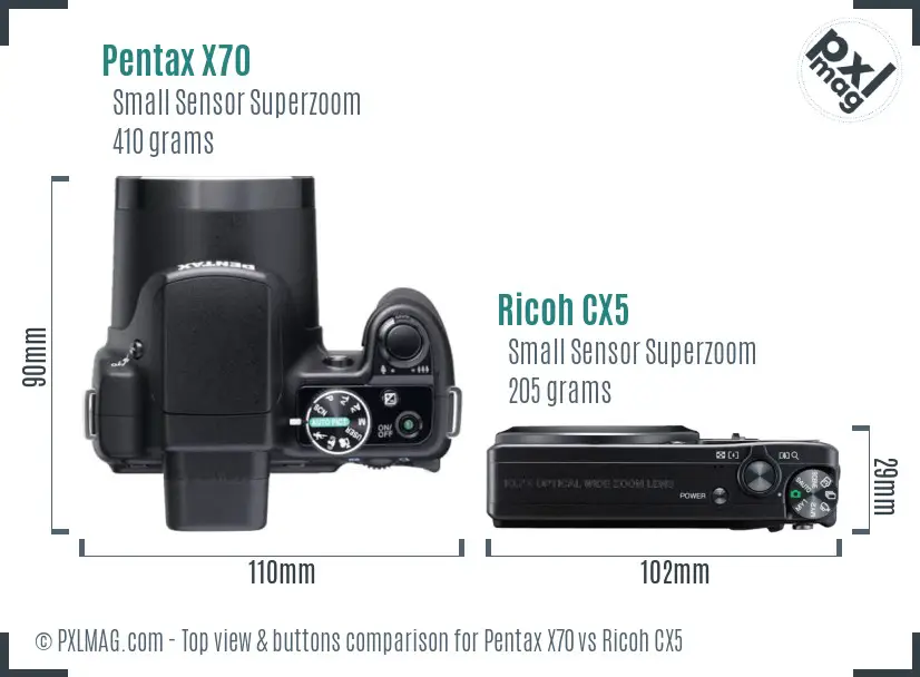 Pentax X70 vs Ricoh CX5 top view buttons comparison