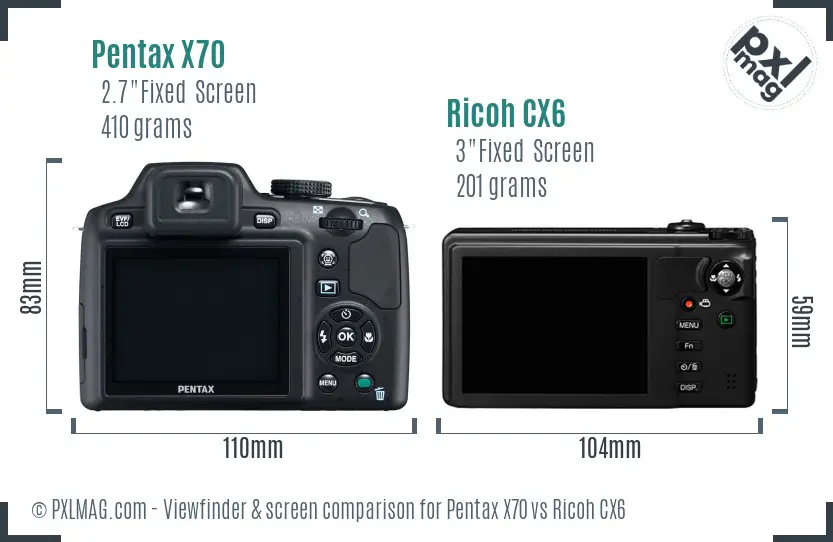 Pentax X70 vs Ricoh CX6 Screen and Viewfinder comparison