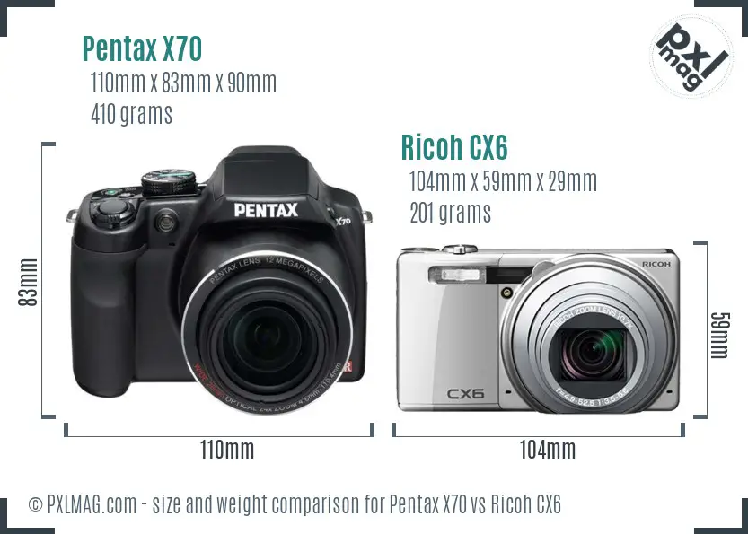 Pentax X70 vs Ricoh CX6 size comparison