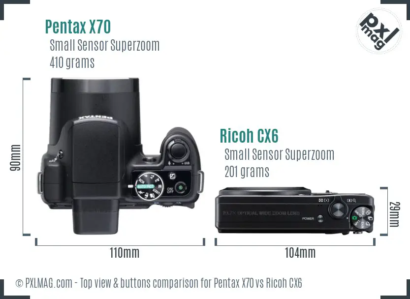 Pentax X70 vs Ricoh CX6 top view buttons comparison