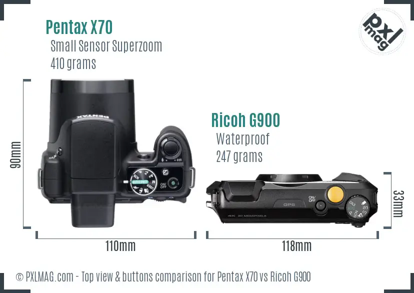 Pentax X70 vs Ricoh G900 top view buttons comparison