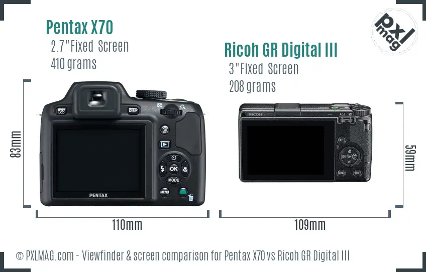 Pentax X70 vs Ricoh GR Digital III Screen and Viewfinder comparison