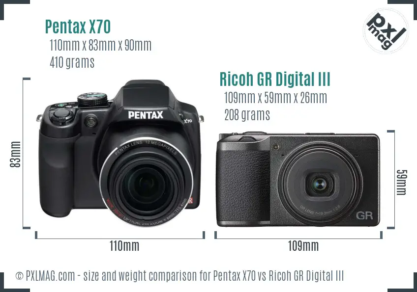 Pentax X70 vs Ricoh GR Digital III size comparison