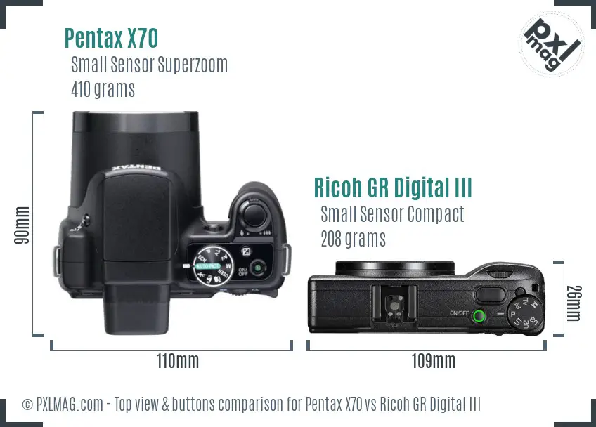 Pentax X70 vs Ricoh GR Digital III top view buttons comparison