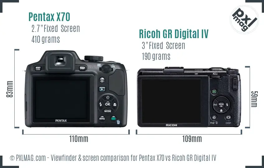 Pentax X70 vs Ricoh GR Digital IV Screen and Viewfinder comparison