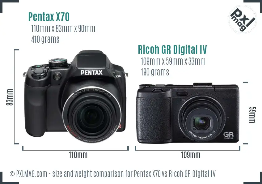Pentax X70 vs Ricoh GR Digital IV size comparison