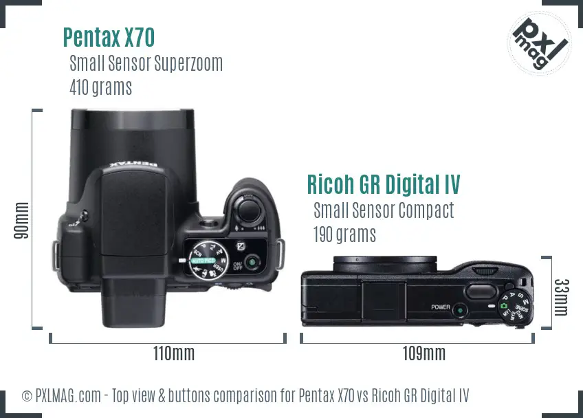 Pentax X70 vs Ricoh GR Digital IV top view buttons comparison
