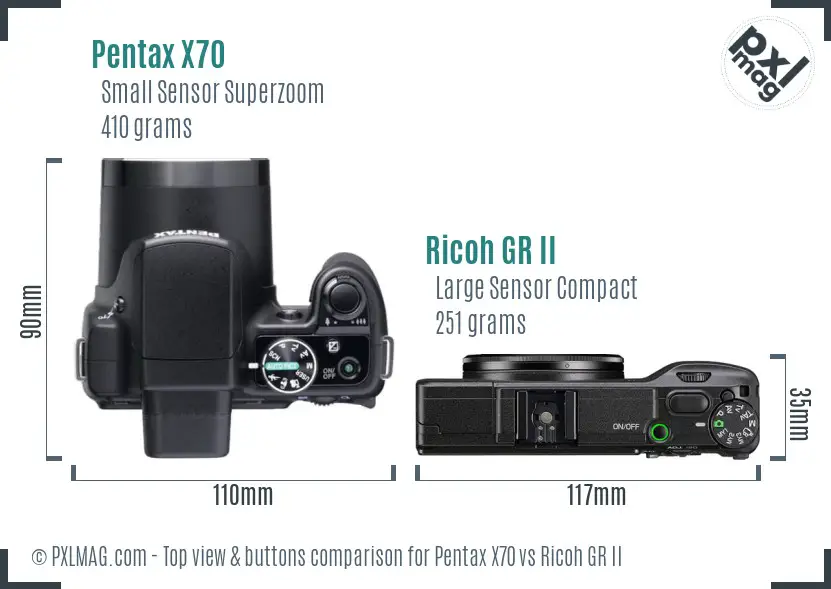 Pentax X70 vs Ricoh GR II top view buttons comparison