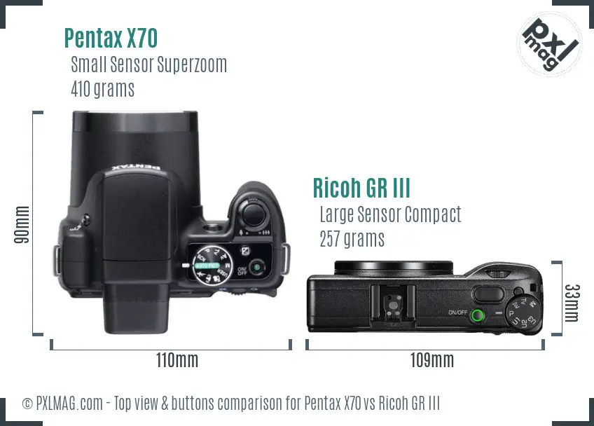 Pentax X70 vs Ricoh GR III top view buttons comparison