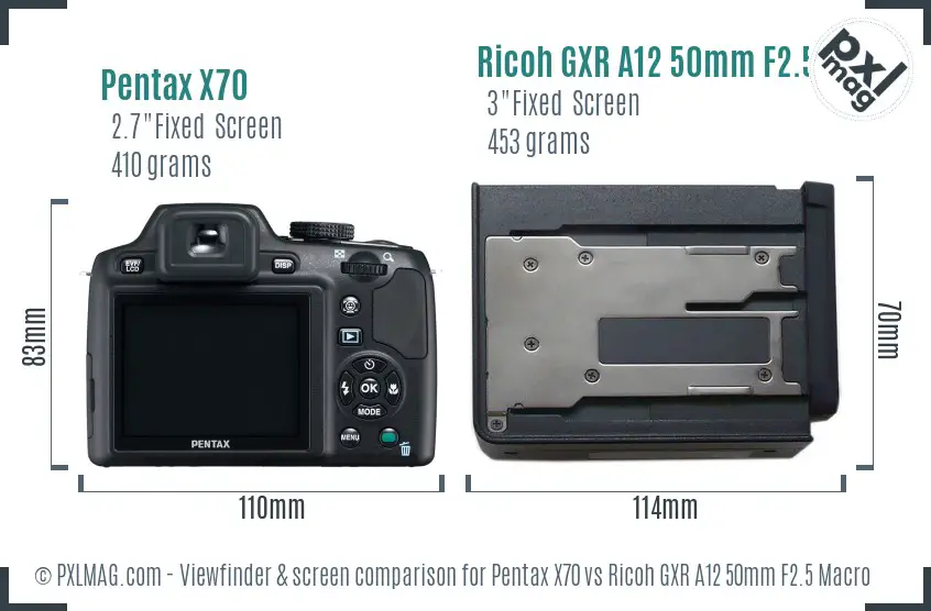 Pentax X70 vs Ricoh GXR A12 50mm F2.5 Macro Screen and Viewfinder comparison