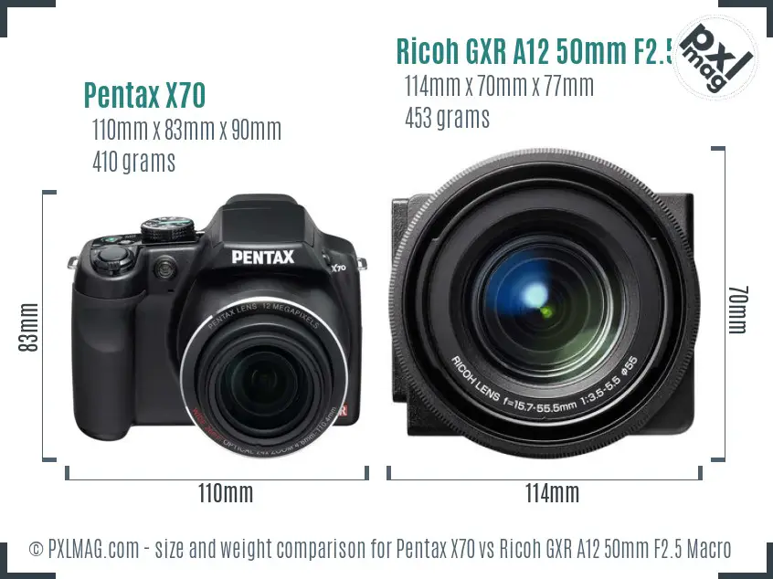 Pentax X70 vs Ricoh GXR A12 50mm F2.5 Macro size comparison
