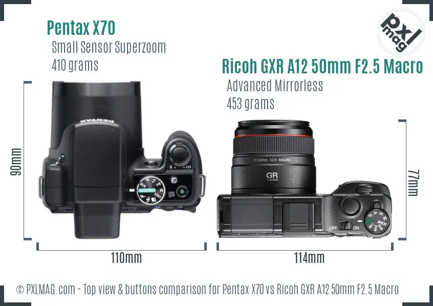 Pentax X70 vs Ricoh GXR A12 50mm F2.5 Macro top view buttons comparison