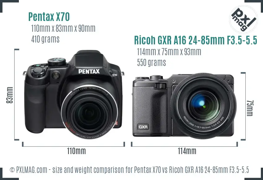 Pentax X70 vs Ricoh GXR A16 24-85mm F3.5-5.5 size comparison
