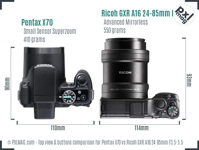 Pentax X70 vs Ricoh GXR A16 24-85mm F3.5-5.5 top view buttons comparison
