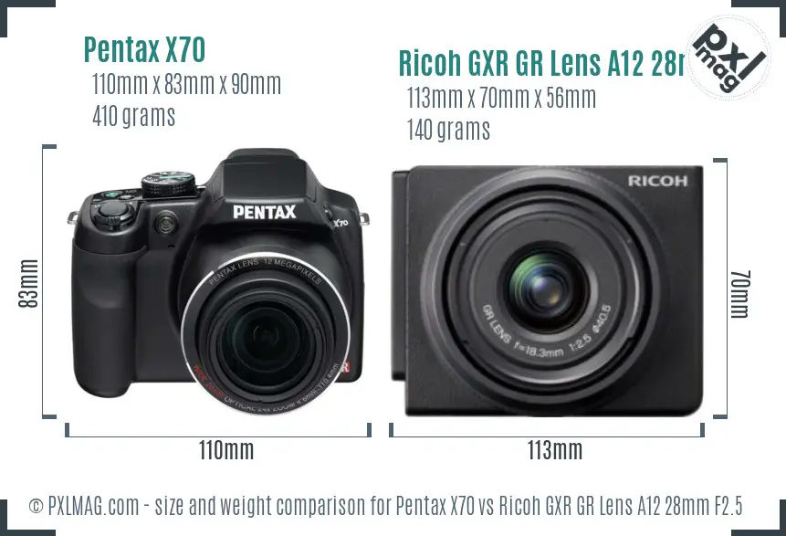 Pentax X70 vs Ricoh GXR GR Lens A12 28mm F2.5 size comparison