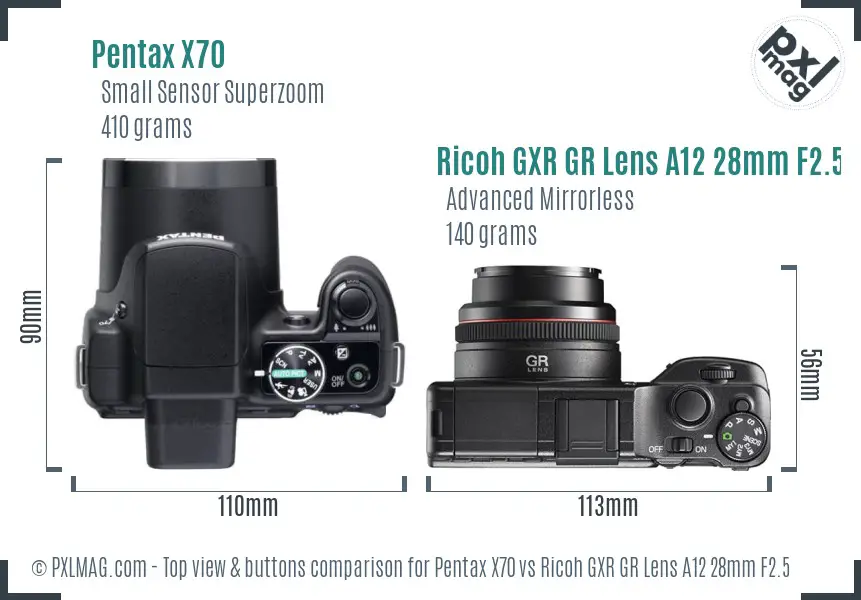 Pentax X70 vs Ricoh GXR GR Lens A12 28mm F2.5 top view buttons comparison