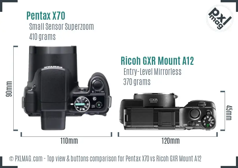 Pentax X70 vs Ricoh GXR Mount A12 top view buttons comparison