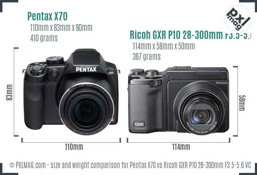 Pentax X70 vs Ricoh GXR P10 28-300mm F3.5-5.6 VC size comparison