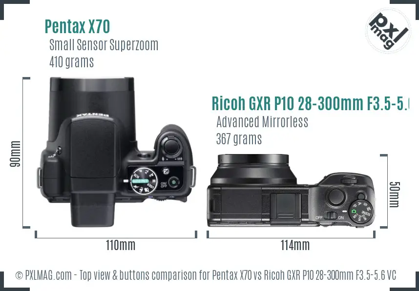 Pentax X70 vs Ricoh GXR P10 28-300mm F3.5-5.6 VC top view buttons comparison