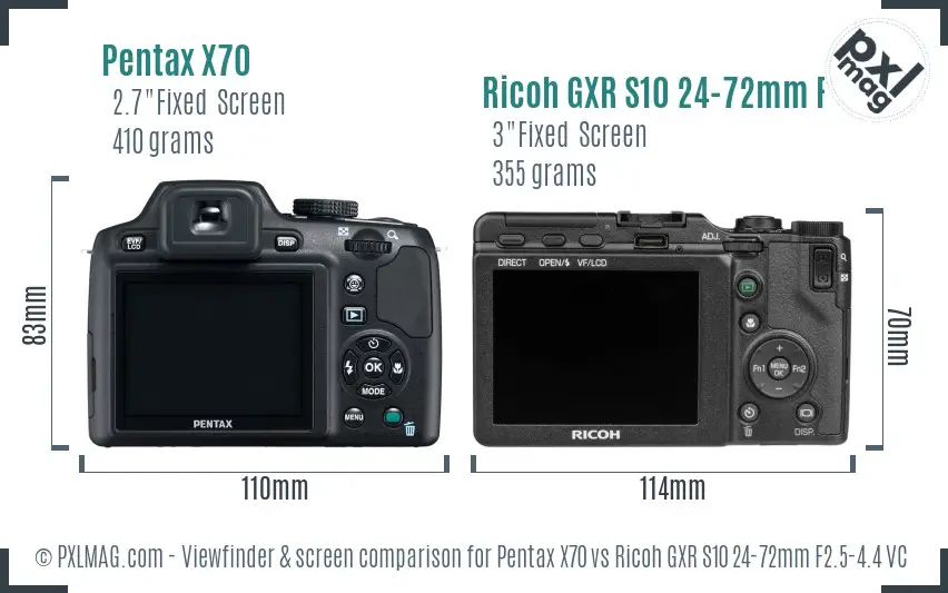 Pentax X70 vs Ricoh GXR S10 24-72mm F2.5-4.4 VC Screen and Viewfinder comparison