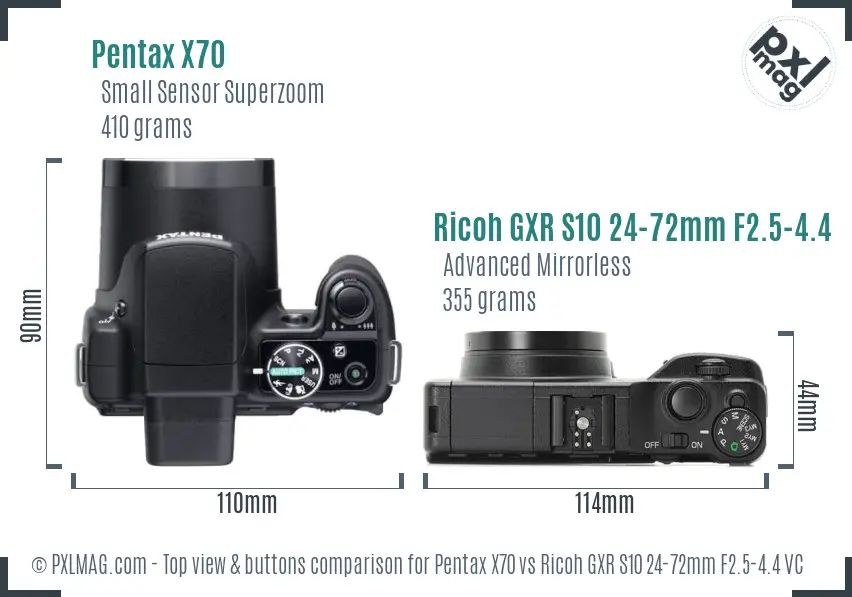 Pentax X70 vs Ricoh GXR S10 24-72mm F2.5-4.4 VC top view buttons comparison