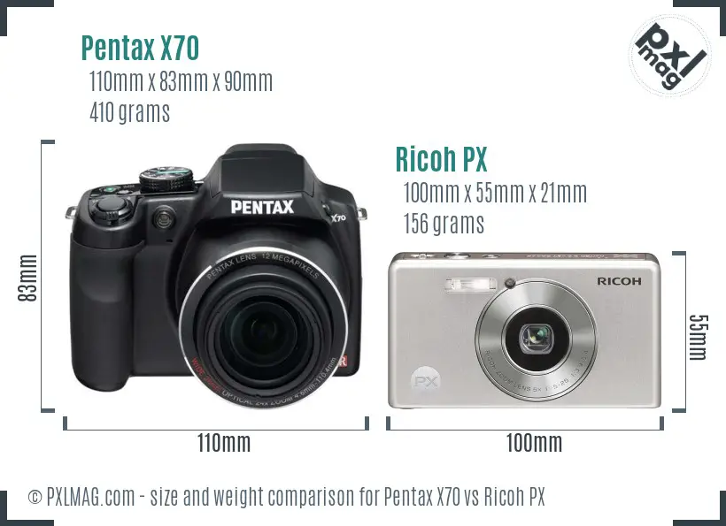 Pentax X70 vs Ricoh PX size comparison
