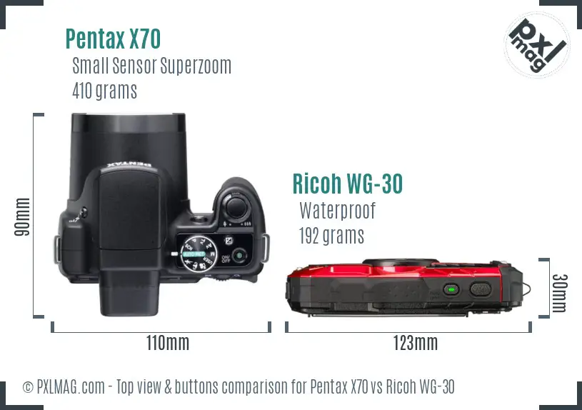 Pentax X70 vs Ricoh WG-30 top view buttons comparison