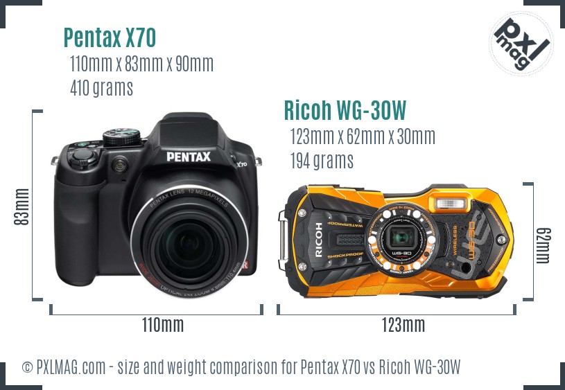 Pentax X70 vs Ricoh WG-30W size comparison