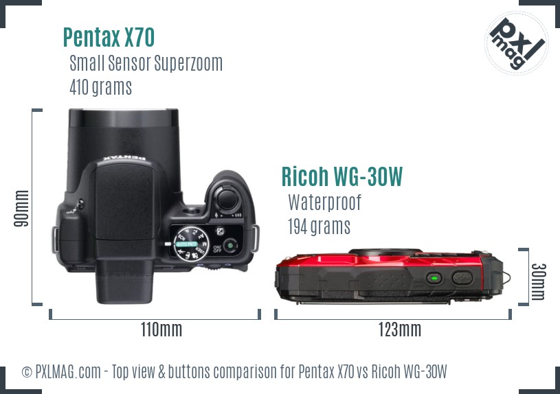 Pentax X70 vs Ricoh WG-30W top view buttons comparison