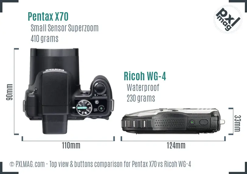 Pentax X70 vs Ricoh WG-4 top view buttons comparison