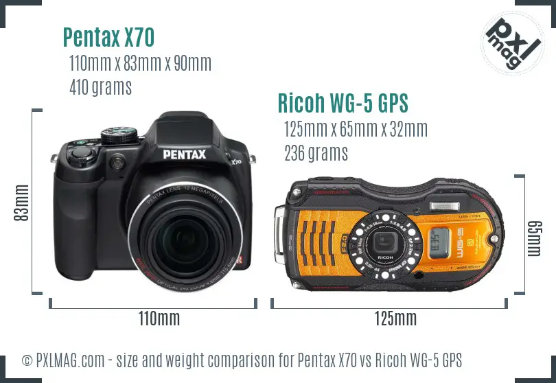 Pentax X70 vs Ricoh WG-5 GPS size comparison
