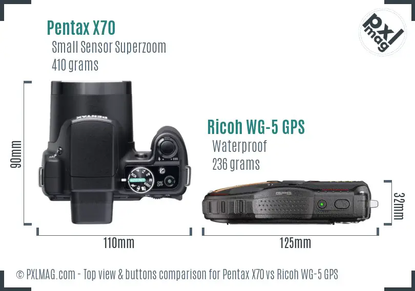 Pentax X70 vs Ricoh WG-5 GPS top view buttons comparison