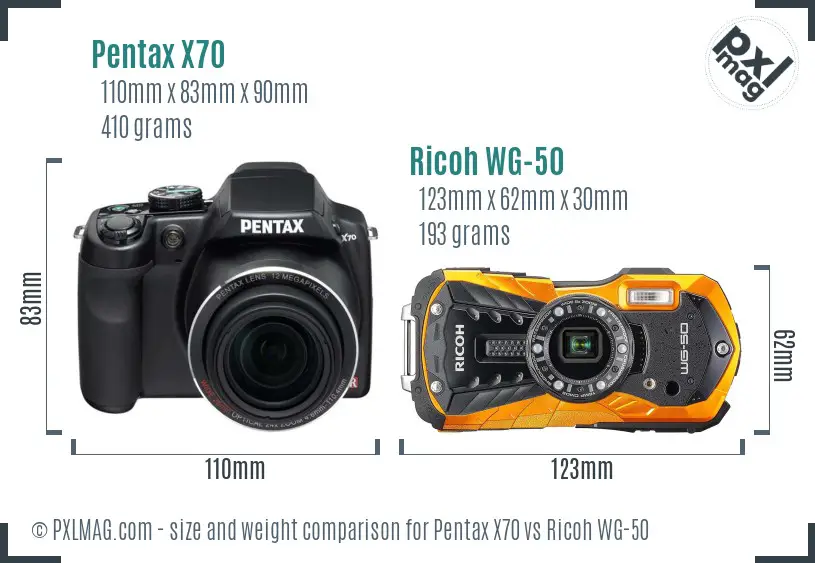 Pentax X70 vs Ricoh WG-50 size comparison