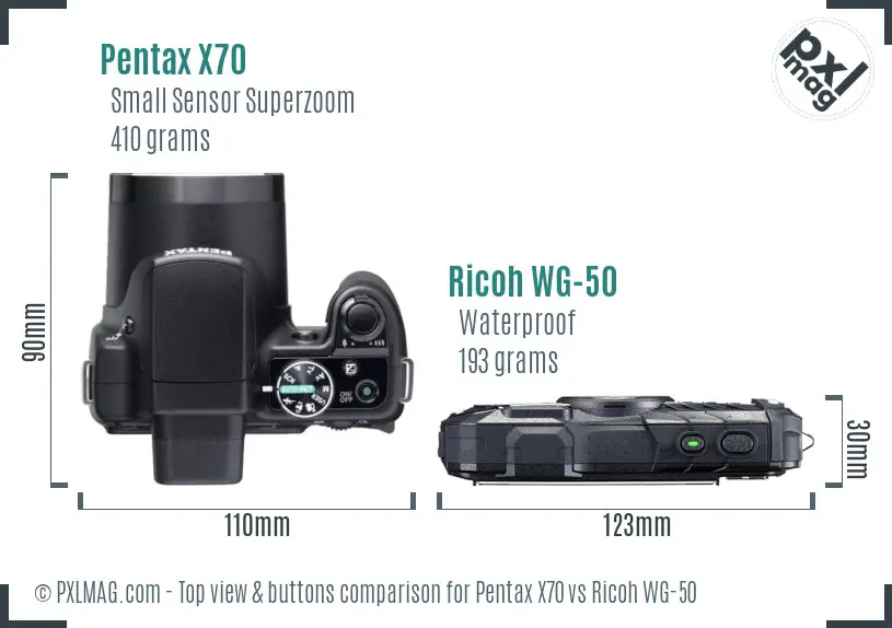 Pentax X70 vs Ricoh WG-50 top view buttons comparison