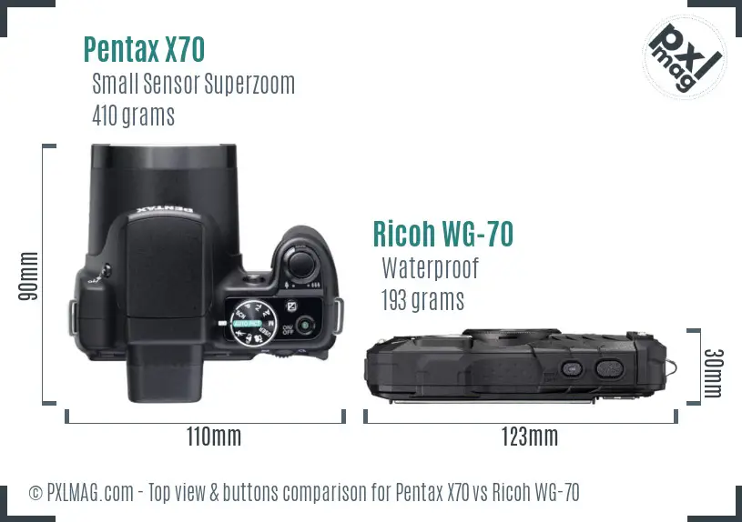 Pentax X70 vs Ricoh WG-70 top view buttons comparison