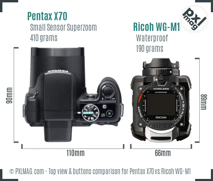 Pentax X70 vs Ricoh WG-M1 top view buttons comparison