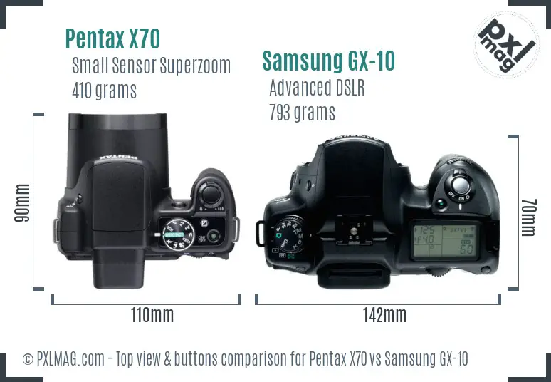 Pentax X70 vs Samsung GX-10 top view buttons comparison