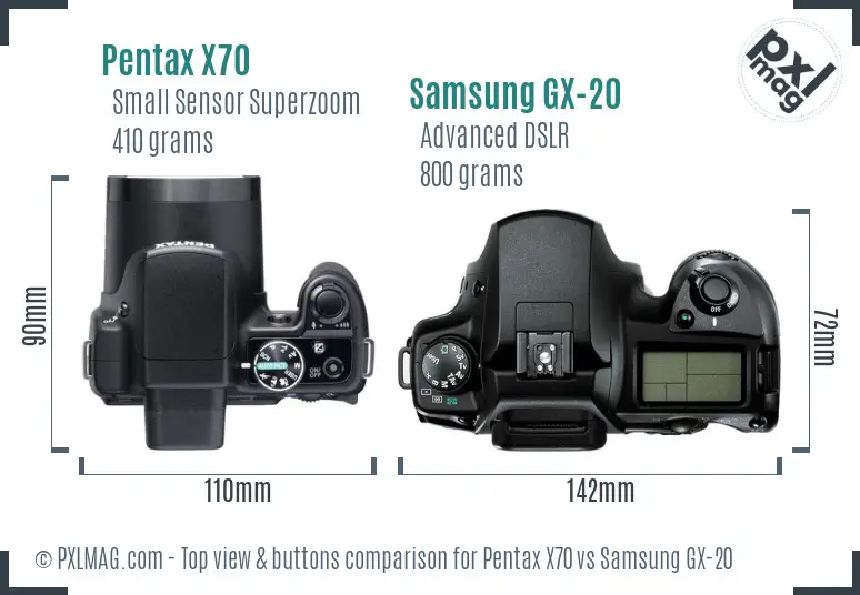 Pentax X70 vs Samsung GX-20 top view buttons comparison