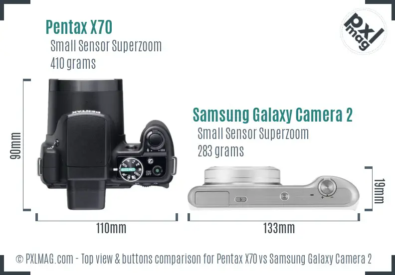 Pentax X70 vs Samsung Galaxy Camera 2 top view buttons comparison