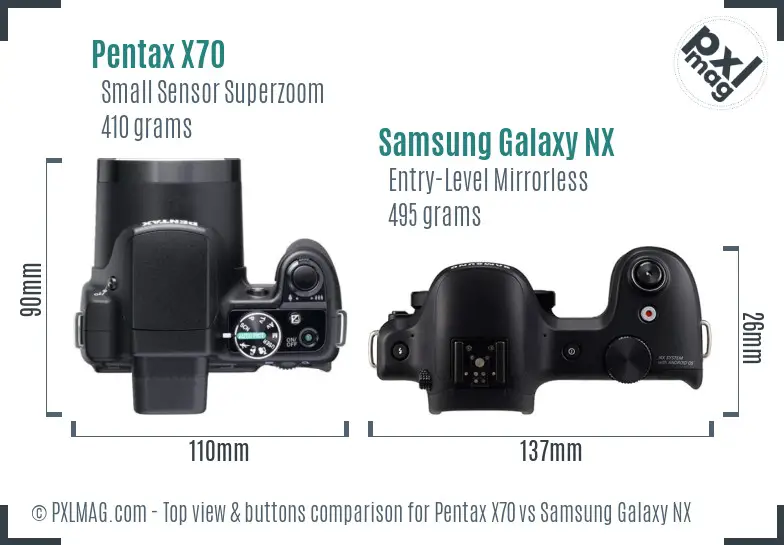 Pentax X70 vs Samsung Galaxy NX top view buttons comparison