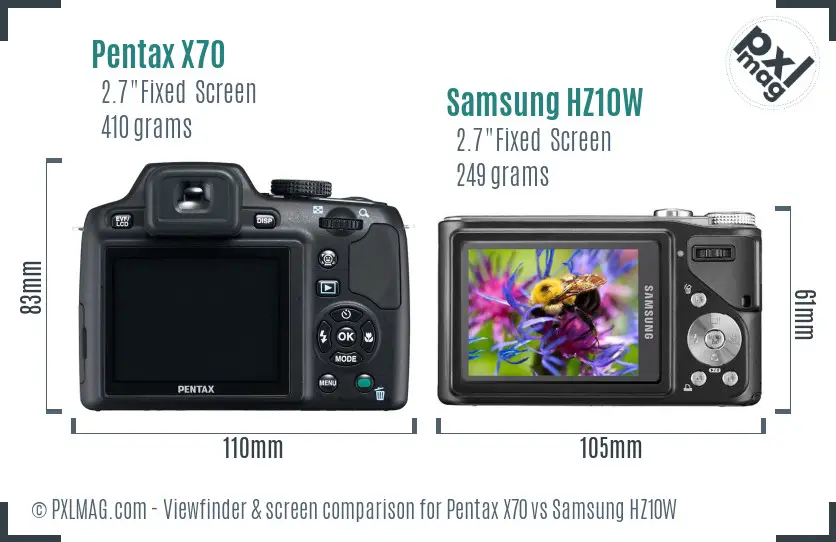 Pentax X70 vs Samsung HZ10W Screen and Viewfinder comparison