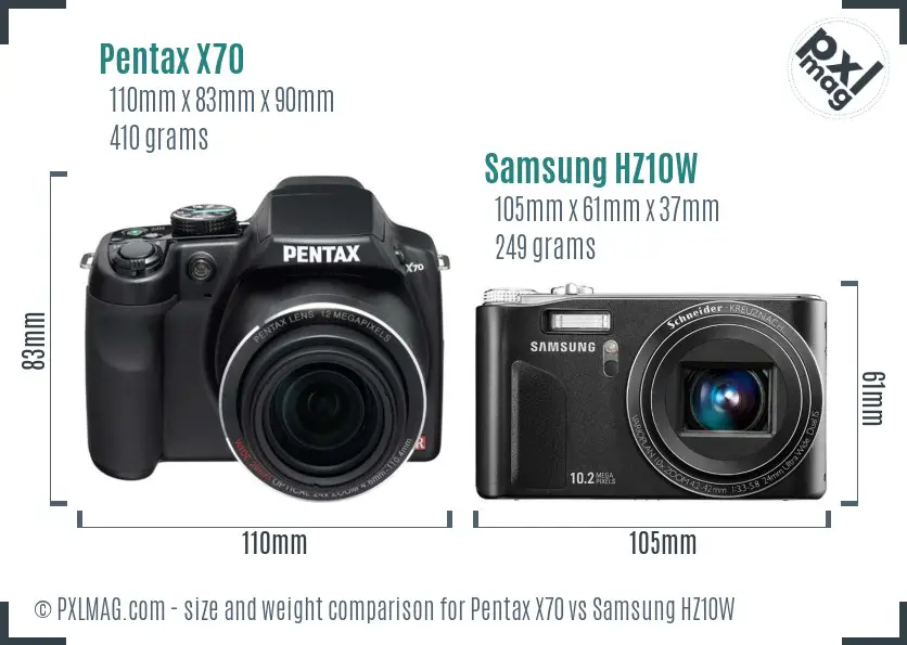 Pentax X70 vs Samsung HZ10W size comparison